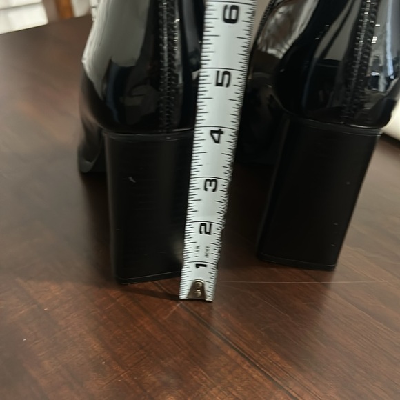 Faux Patent Leather Square Metal Toe Mid Calf Thick High Heels Go Go Boots - Picture 13 of 16